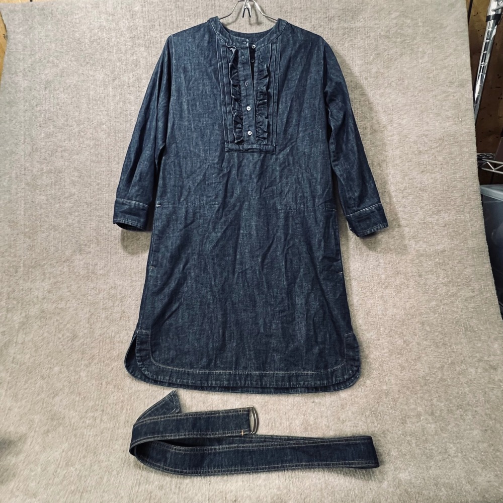 Weekend Max Mara Belted Denim Chambray Ruffle Front Tunic Dress Modest Size 0 XS